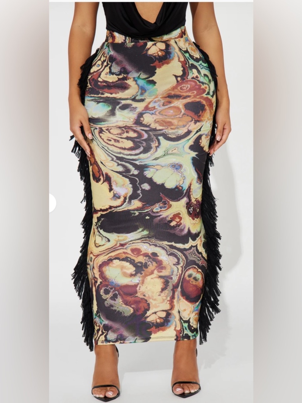 Fashion Nova Multicolor Marble Print Fringe Midi Skirt